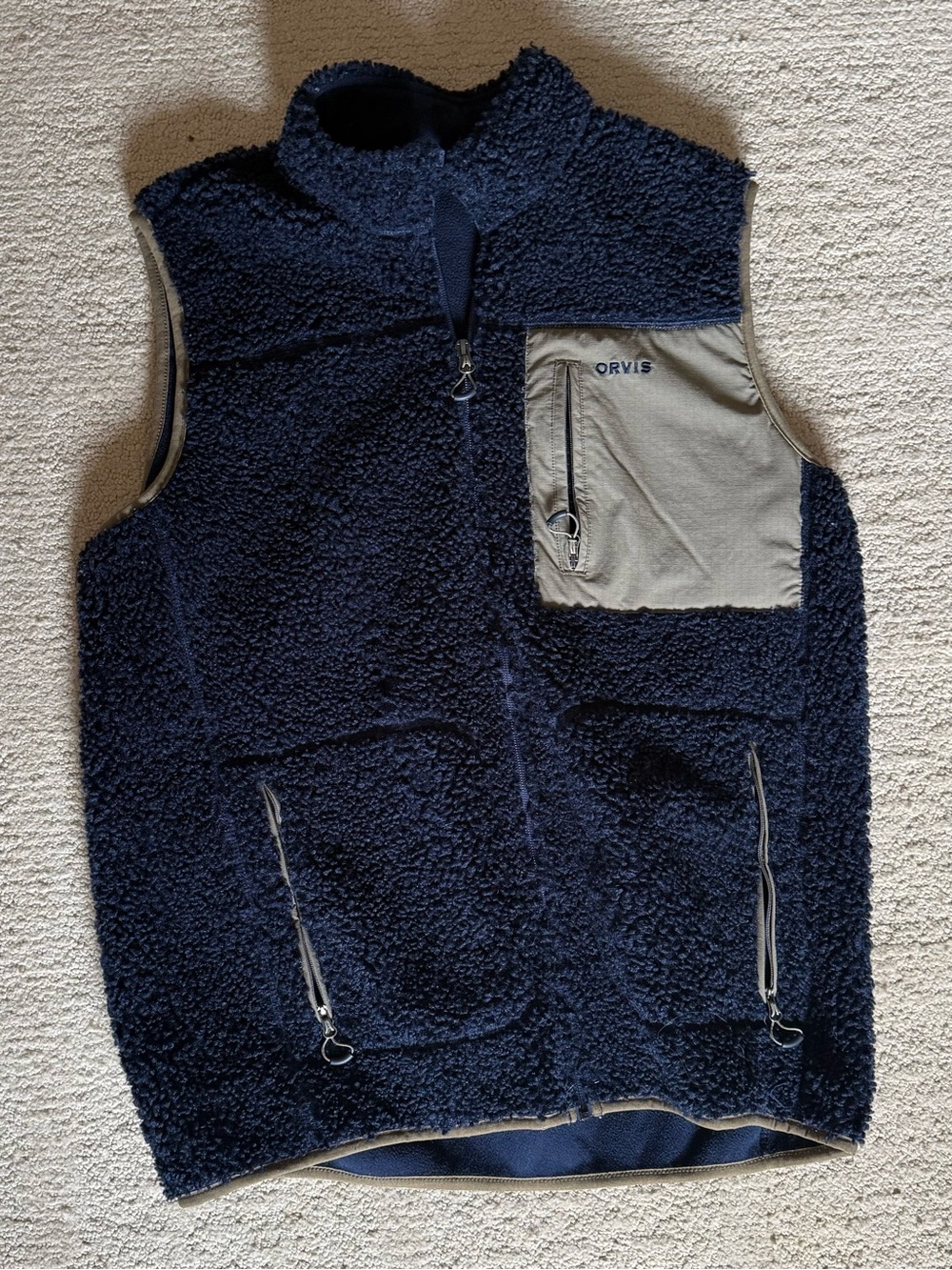 Orvis Navy Sherpa Fleece Vest with Tan Chest Pocket